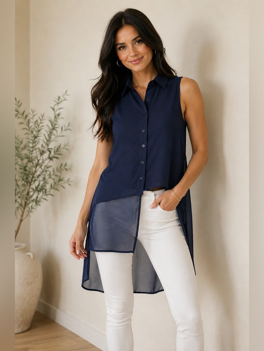 228 BCBGeneration Navy Sleeveless Chiffon Tunic Blouse Sheer Layered Hi Low Top